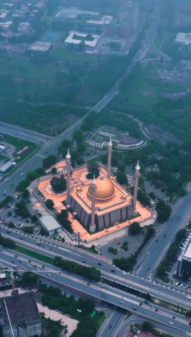 Abuja aerial view showing National Mosque and city roads